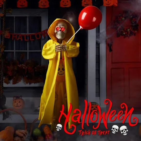 Terrifying Life-Size Animated Skeleton with Red Balloon – Halloween Outdoor Prop